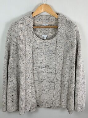 J Jill Cardigan Sweater XL Oatmeal Speckled Knit Open Front Layering Grandmacore